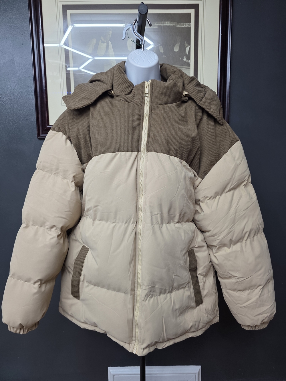 Womens Two-Tone Puffer Jacket in Beige and Brown